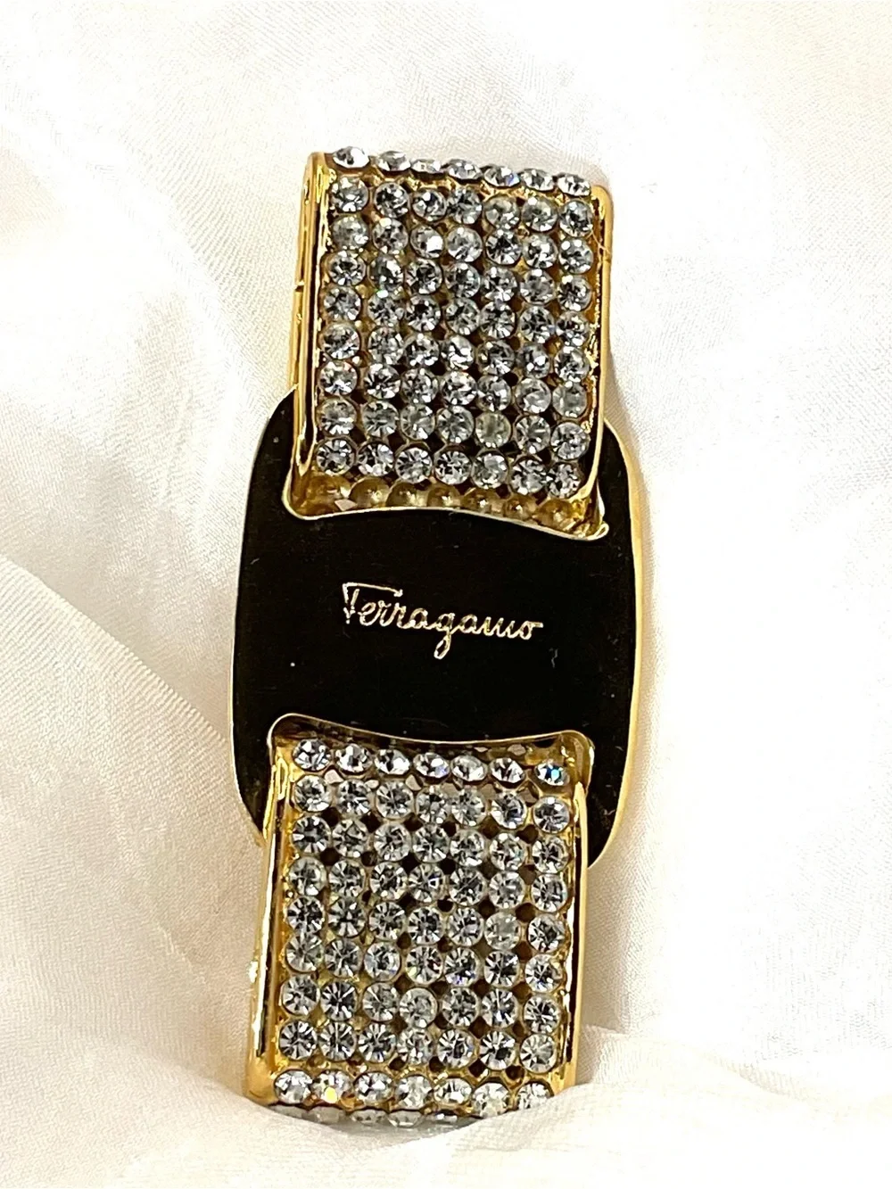 Salvatore Ferragamo Gold and Crystal Vara-Style Bow Brooch